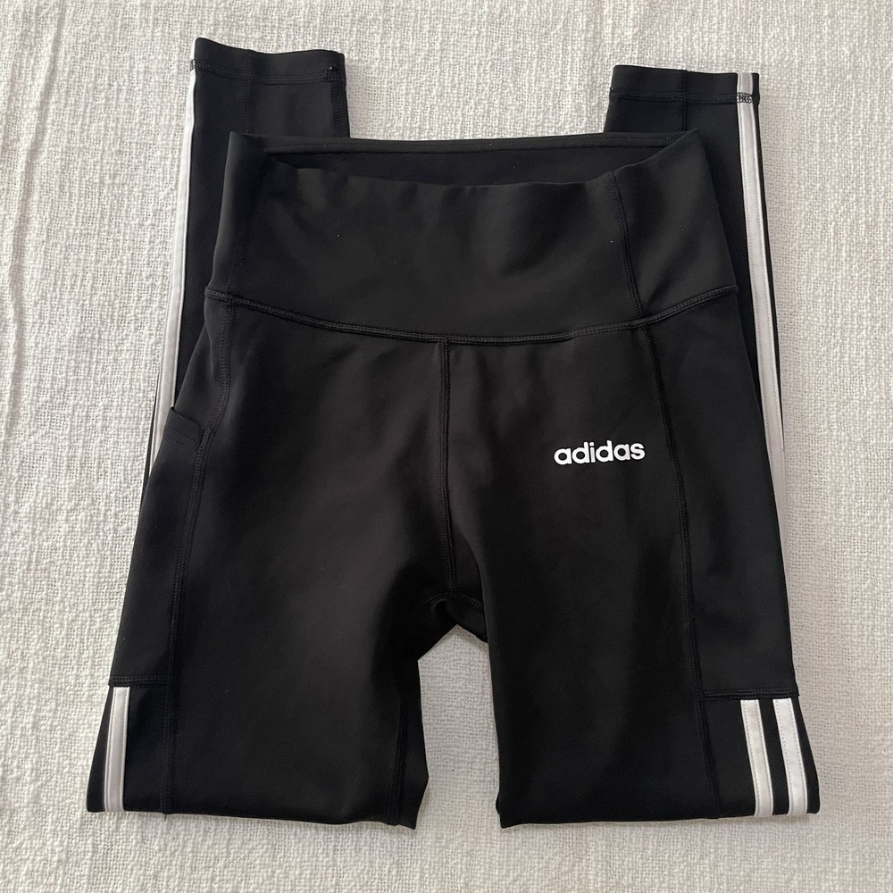 Adidas Climalite 3 Stripe 7/8 Leggings Womens Small‎ Black Thigh Pocket EUC